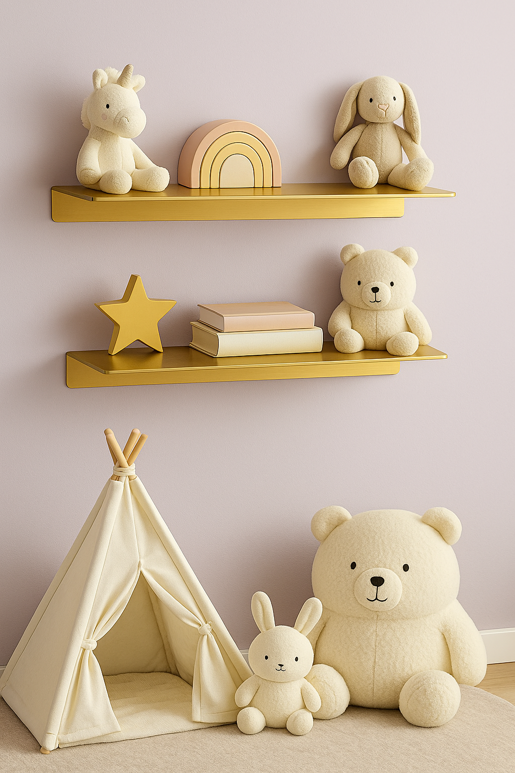 Brass-toned floating shelves on lavender playroom wall with plush toys and pastel accents