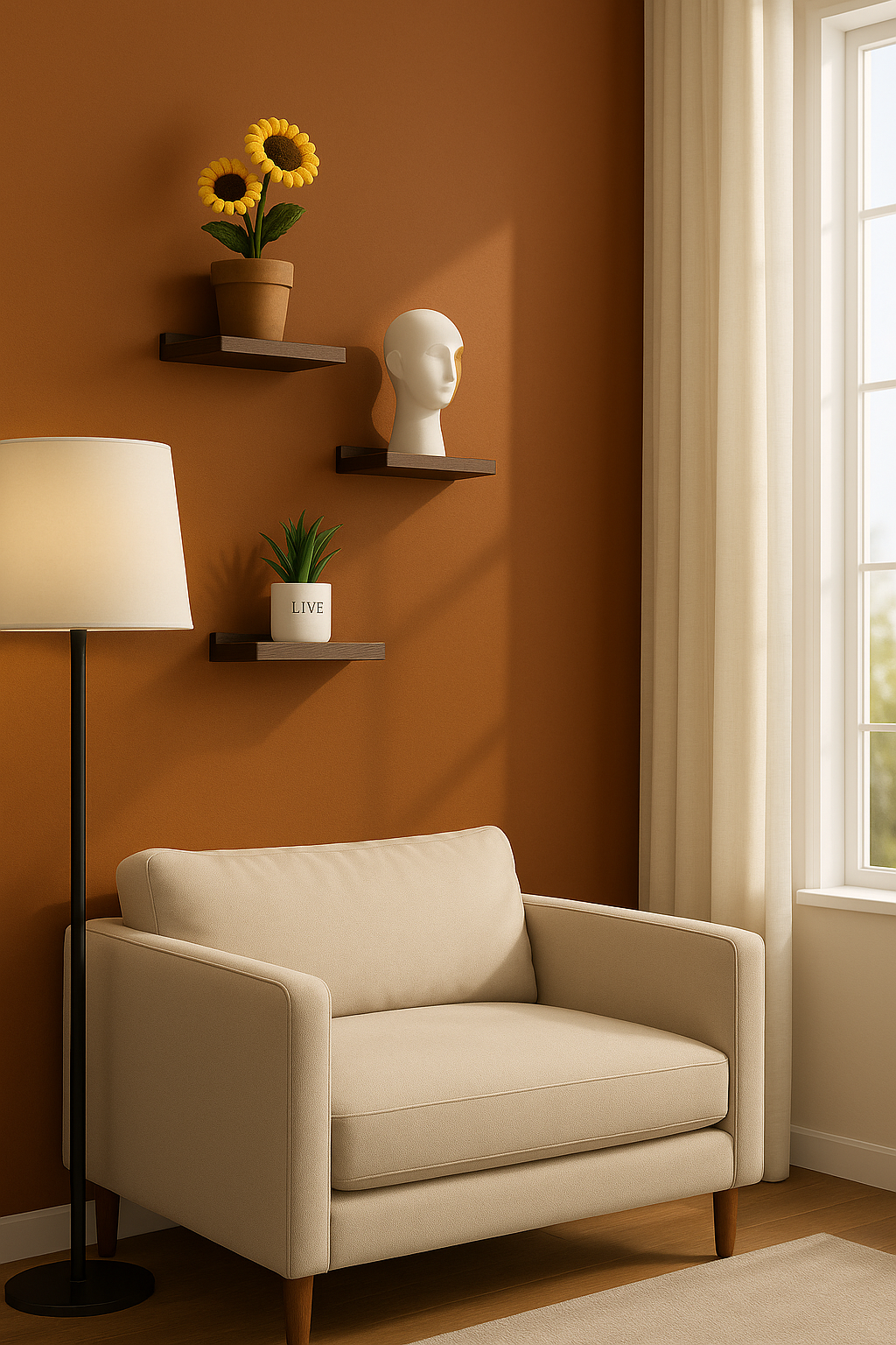 Floating walnut shelves on terracotta living room wall styled with modern decor pieces