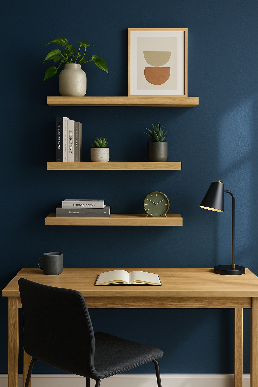 Floating oak shelves on navy office wall styled with books, greenery, and art